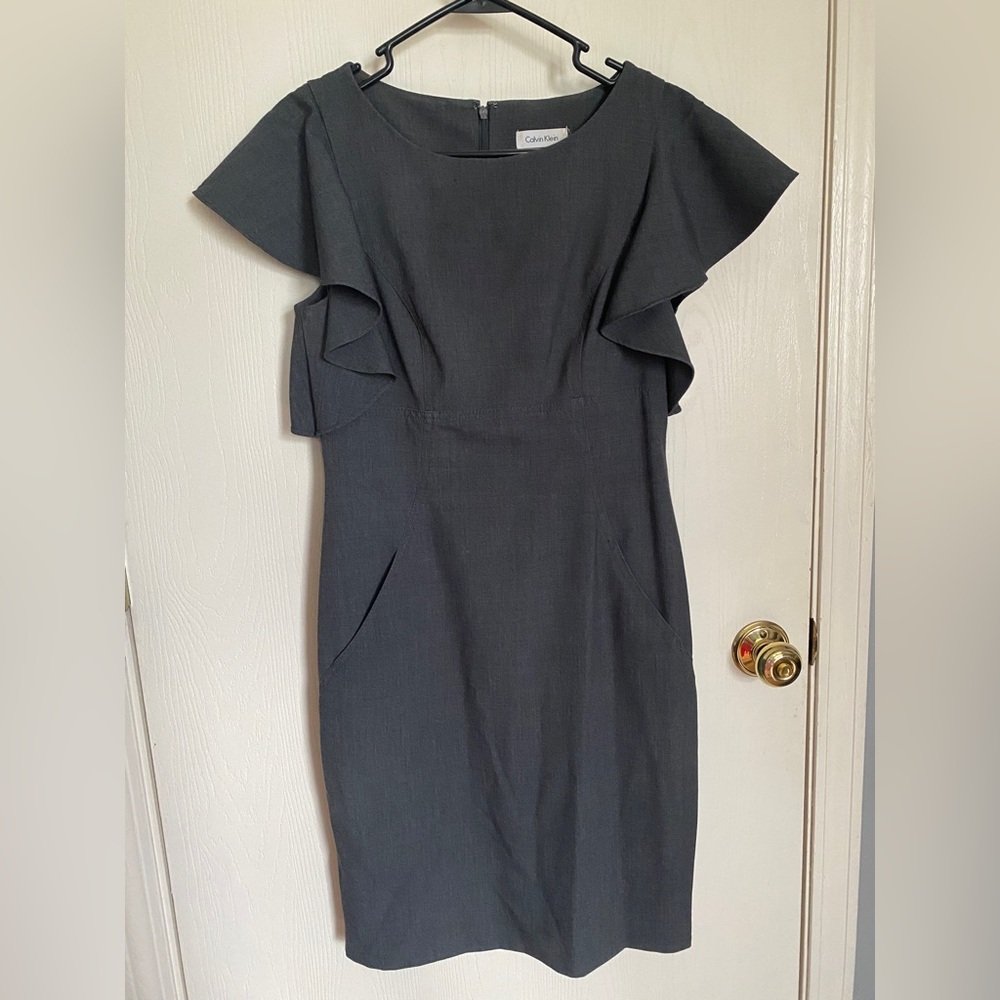 Calvin Klein Gray Boatneck Ruffle Sleeves Dress 8